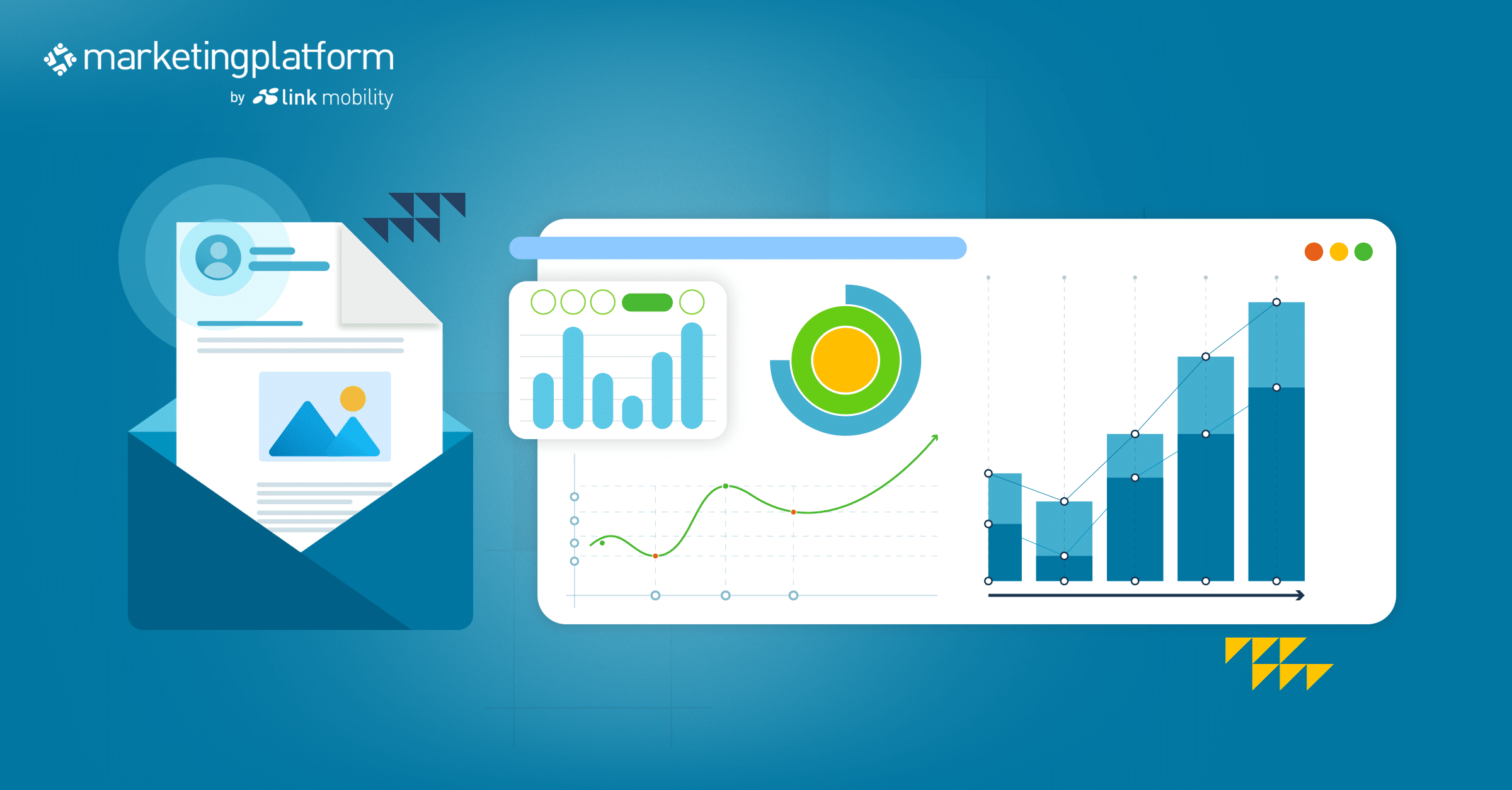 Illustration of an open email with graphs and charts, representing the analytics of personalized email marketing campaigns by MarketingPlatform.