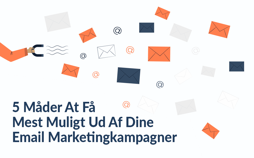 Et grafisk design med en hånd, der holder en U-formet magnet, som tiltrækker de spredte kuverter og @-tegn. Dette billede repræsenterer grafisk fordelene ved email marketingkampagner.