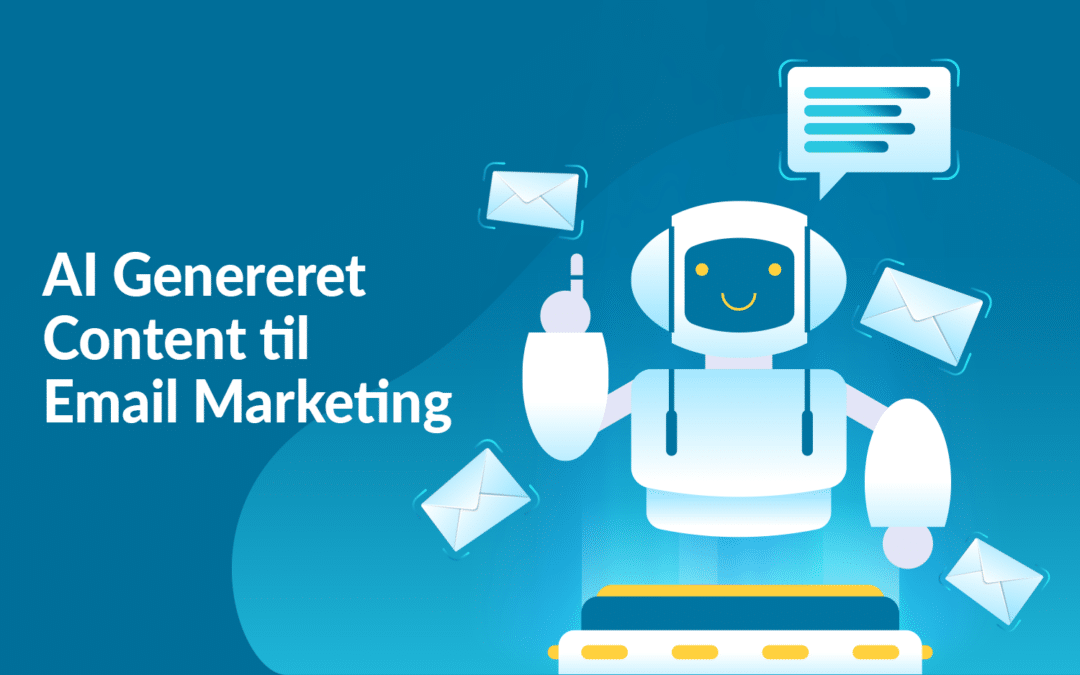 En hvid robot på en blå baggrund. Han ser ud til at skrive email content på en skrivemaskine.