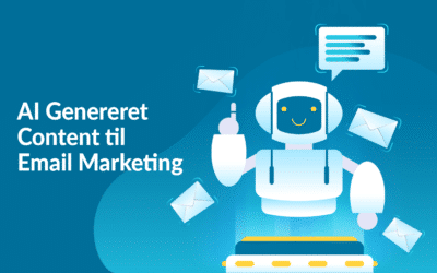 En hvid robot på en blå baggrund. Han ser ud til at skrive email content på en skrivemaskine.