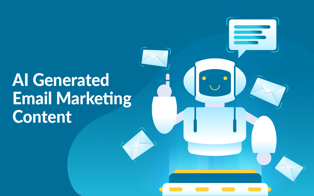 A white robot on a blue background. He seems to be writing email content on a typing machine.