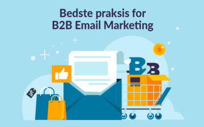Øverst står der B2B Email Marketing Bedste Praksis, og nedenunder er der grafiske illustrationer som: brev og konvolut, indkøbsvogn, kasse, indkøbsposer, mønt osv.