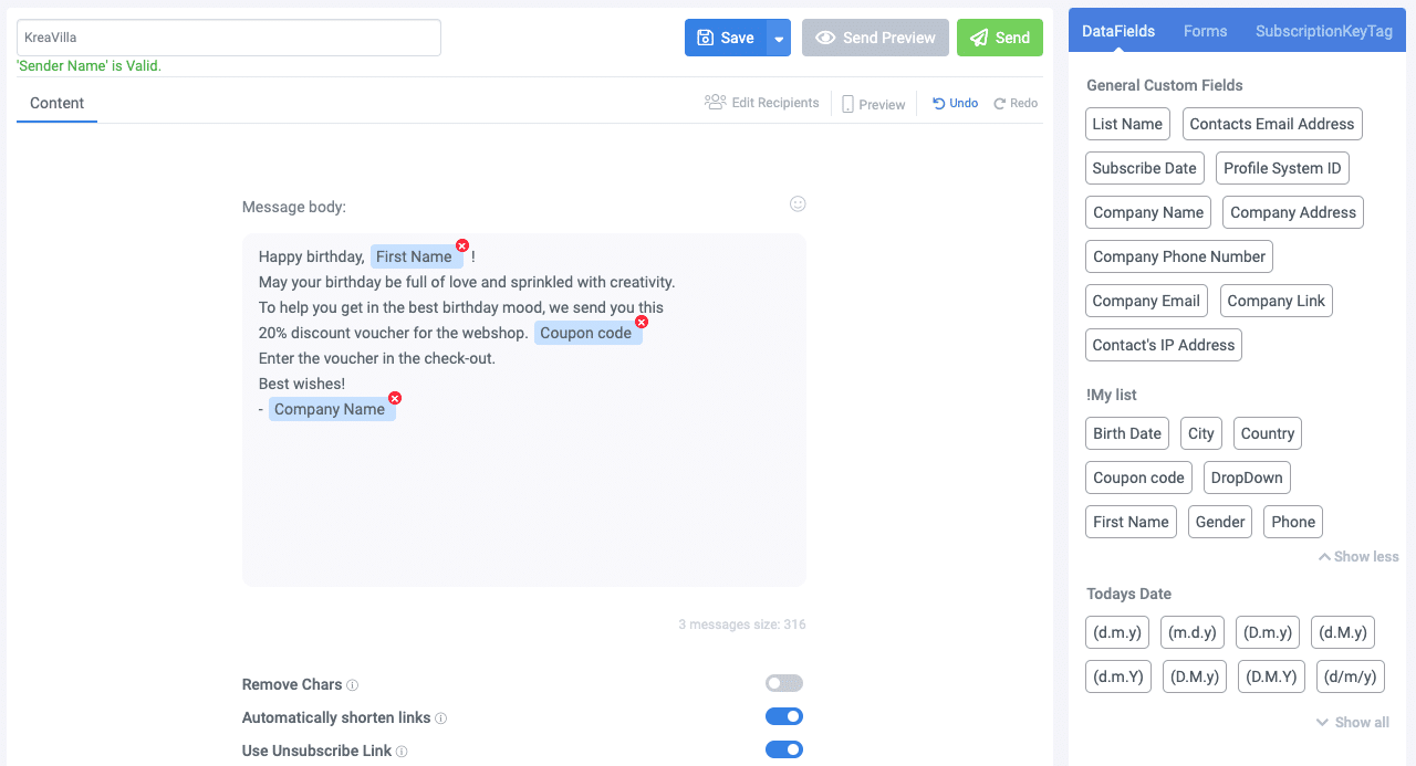 A screenshot from the interface of MarketingPlatform, picturing the instructions to Create and Send SMS Campaigns.