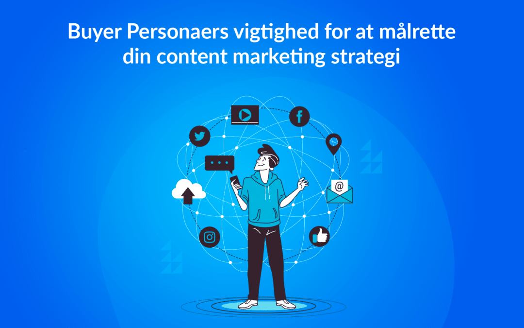 En person omgivet af ikoner fra forskellige sociale medier og digitale platforme, der symboliserer konceptet med personaliserede content marketing-strategier til forskellige køber-personaer.