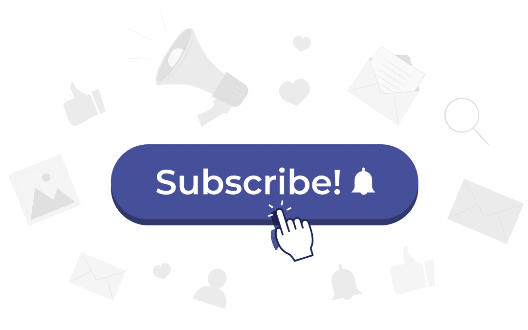 A hand-shaped cursor clicking on a call-to-action button that says "subscribe" leading to one's email marketing newsletters.