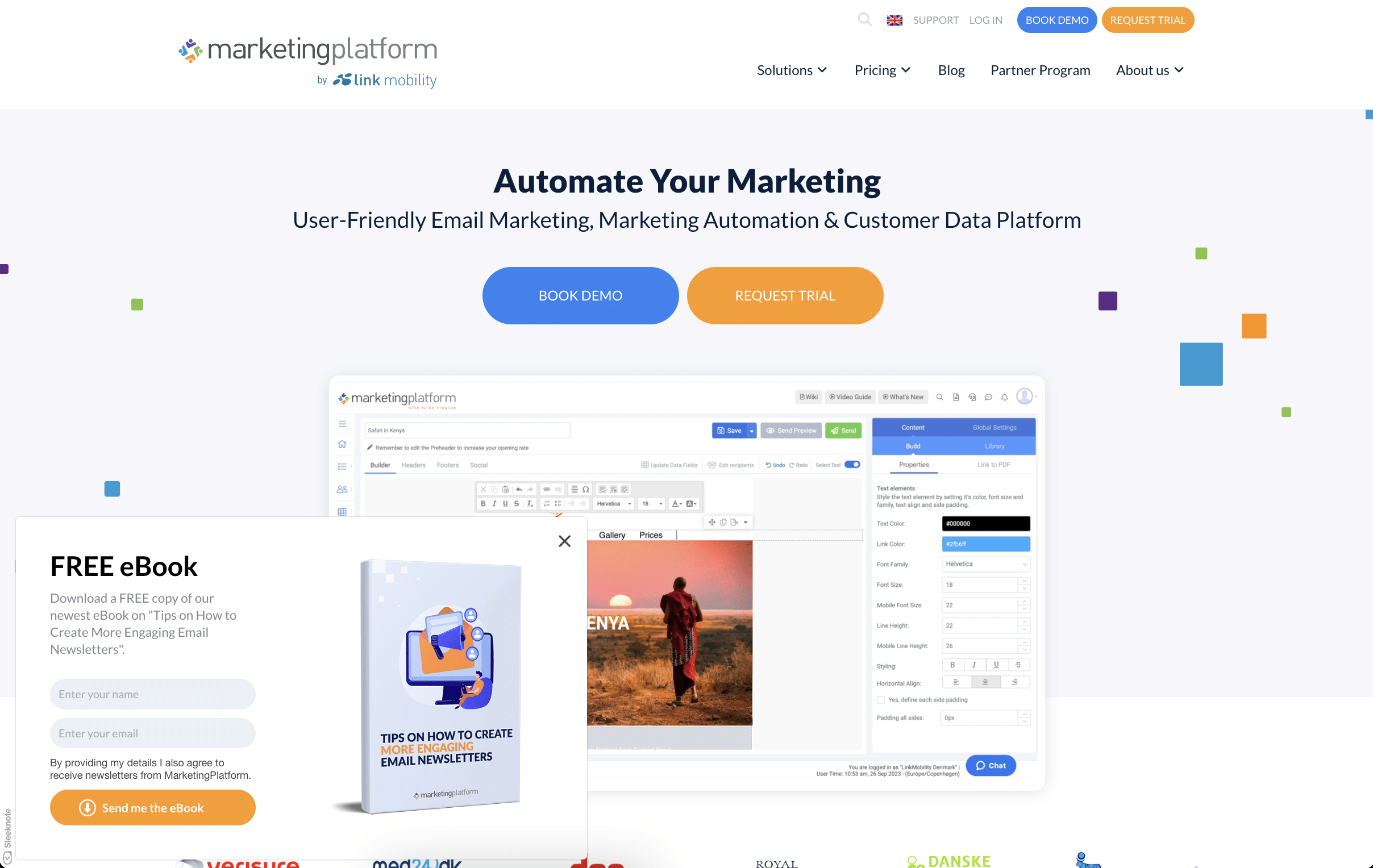 Use case Screenshot of MarketingPlatform's website showing the pop-up that offers a free ebook.