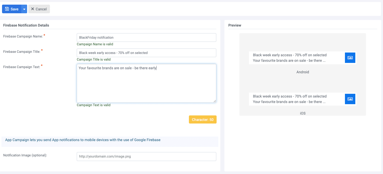 A screenshot from the interface of MarketingPlatform, picturing the instructions to integrate Firebase with MarketingPlatform.