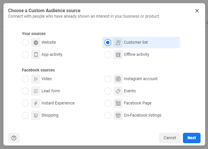 The Facebook interface of step c. describing how to create a custom audience with newsletter recipients.