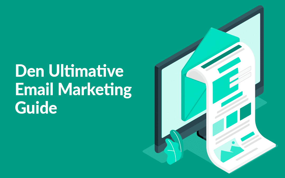 Et Email nyhedsbrev på en computerskærm illustreret med en kuvert og et langt brev, der kommer ud af kuverten. Titlen på Email nyhedsbrevet er "Ultimate Guide to Email Marketing" står ved siden af grafikken.