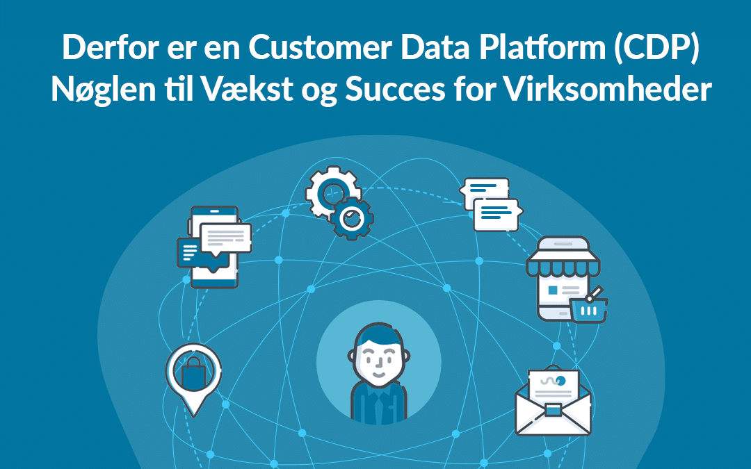 En blå baggrund med et netværk af ikoner, der danner ring omkring en mand, der repræsenterer den Customer Data Platform (CDP), der er beskrevet i denne artikel.