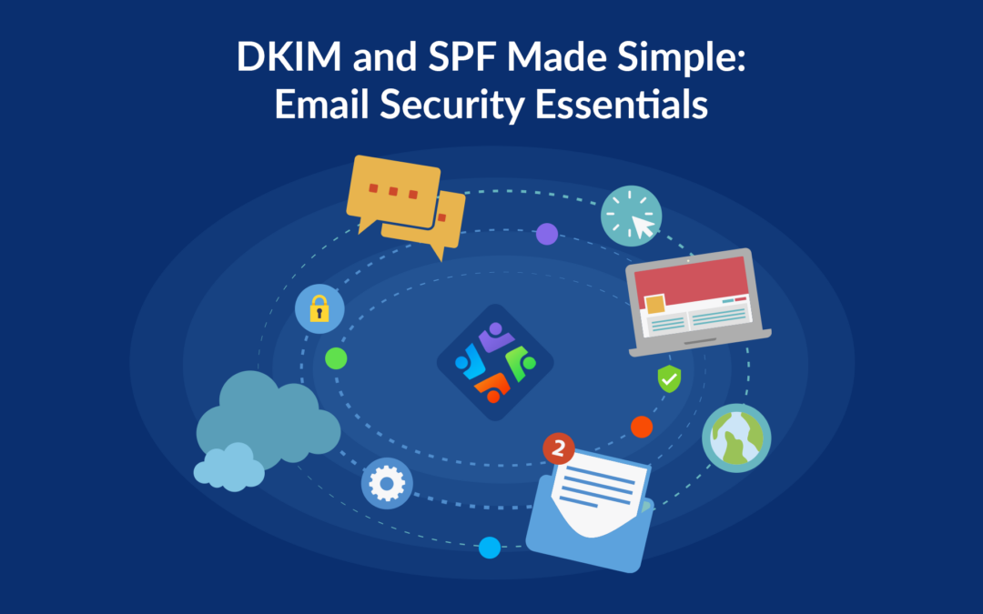 The image is a visual representation of email security essentials, highlighting DKIM and SPF protocols. It features icons of a message bubble, cloud, an envelope, and a laptop on a dark blue background.