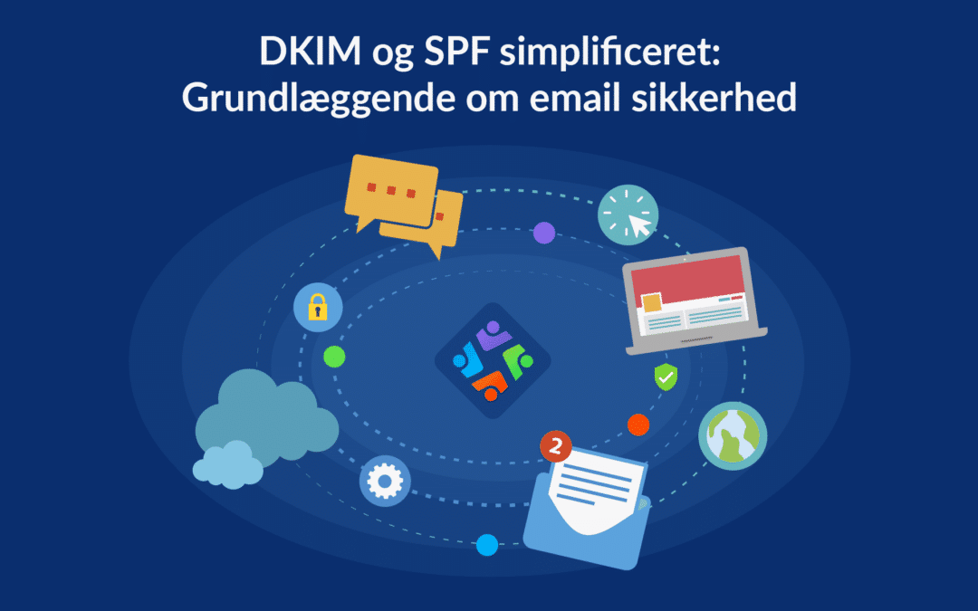Billedet er en visuel repræsentation af mailsikkerhed og fremhæver DKIM og SPF protokollerne. Det indeholder ikoner af en beskedboble, en sky, en konvolut og en bærbar computer på en mørkeblå baggrund.