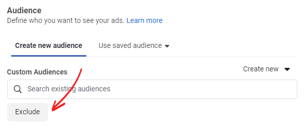 The Facebook interface for excluding an audience when creating an ad.