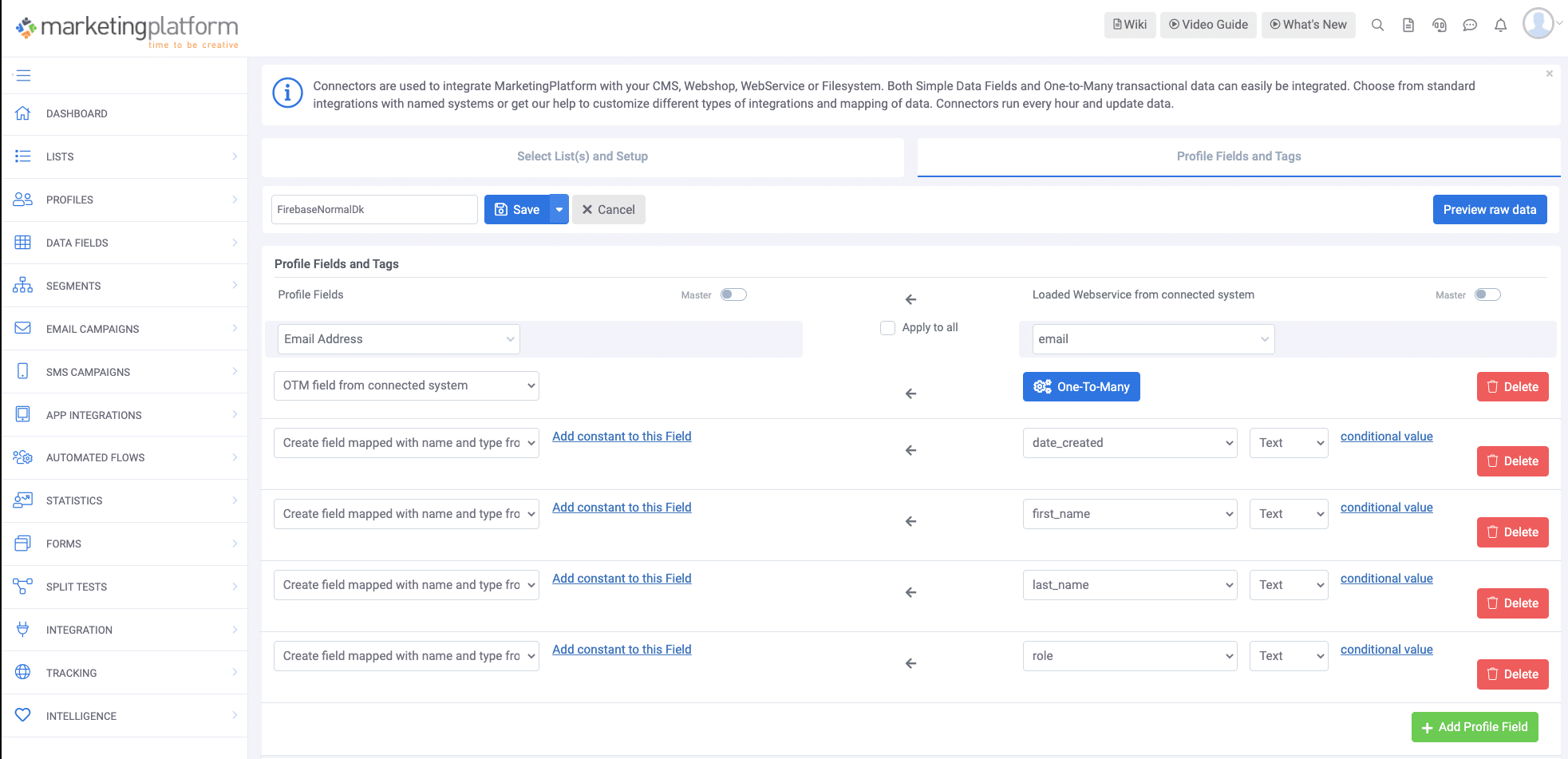A screenshot from the interface of MarketingPlatform, picturing the instructions to integrate Firebase with MarketingPlatform.
