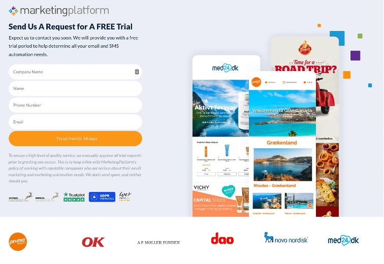 Screenshot of MarketingPlatform's trial request page.