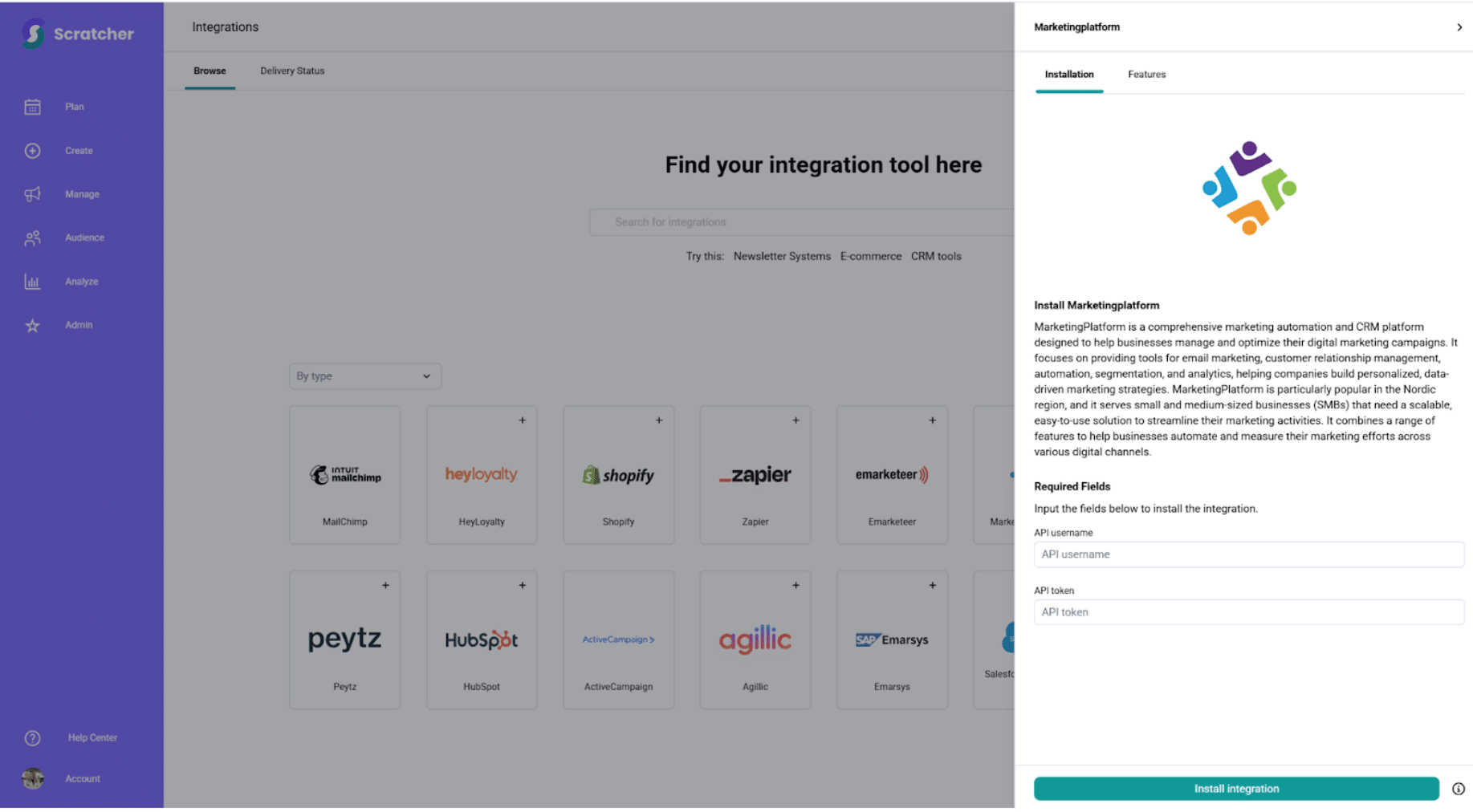 A screenshot from the interface of Sleeknote, picturing the instructions to Integrate Sleeknote with MarketingPlatform.