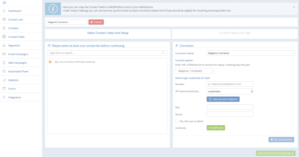 A screenshot from the interface of MarketingPlatform, picturing the instructions to Integrate Adobe Commerce with MarketingPlatform.