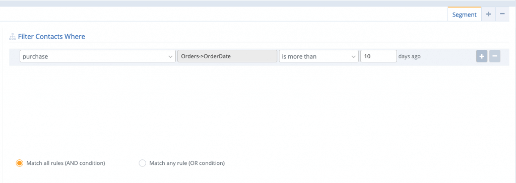 A screenshot from the interface of MarketingPlatform, picturing the instructions to segment with the dynamic rule: X Days Ago.