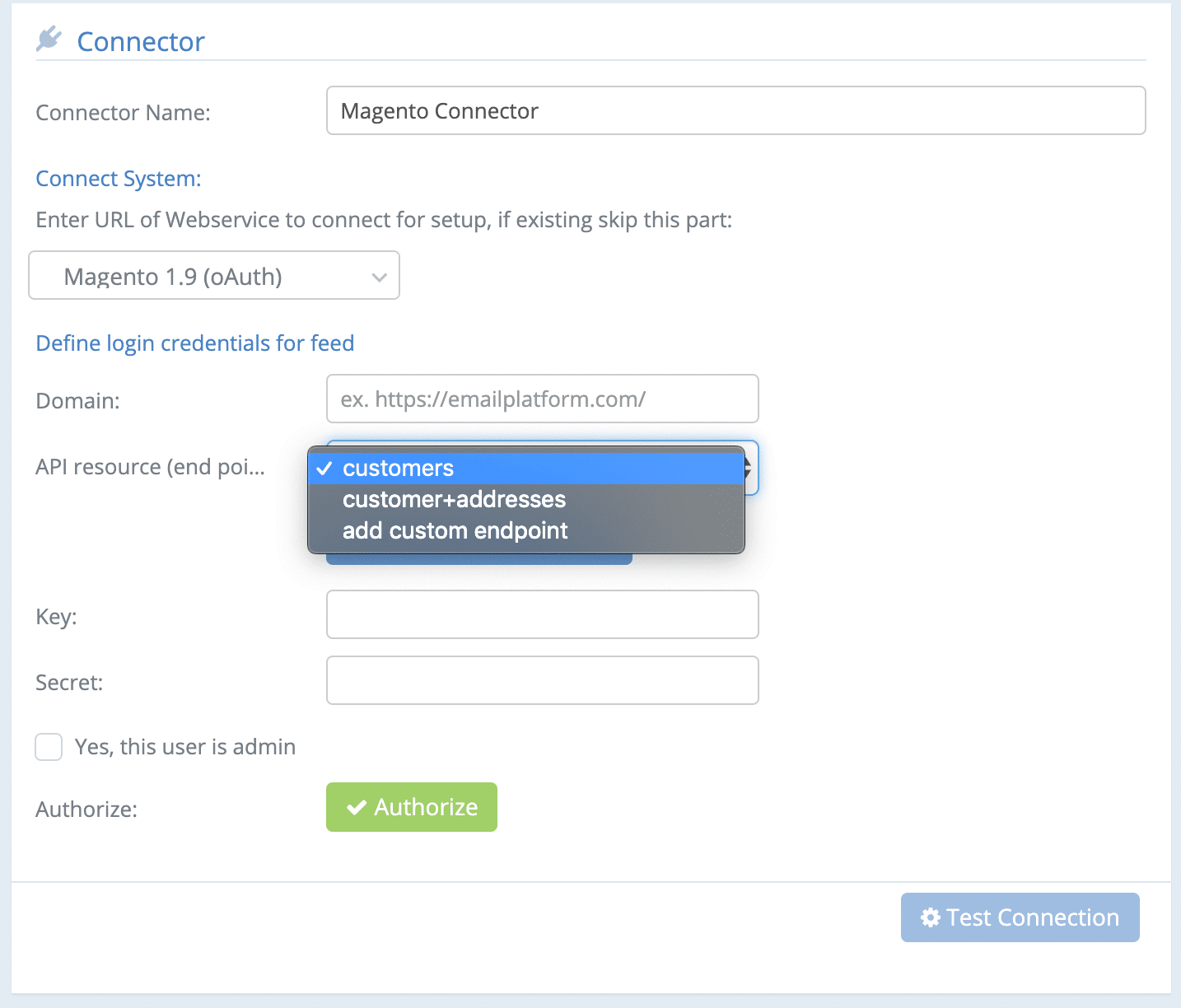 Screenshot of MarketingPlatform's Magento Connector setup interface. The screen includes fields for connector name, system connection type (Magento 1.9 selected), domain URL, API resource endpoints (customers, customer+addresses, or custom endpoint), API key, secret, admin authorization checkbox, and buttons for authorization and testing the connection.