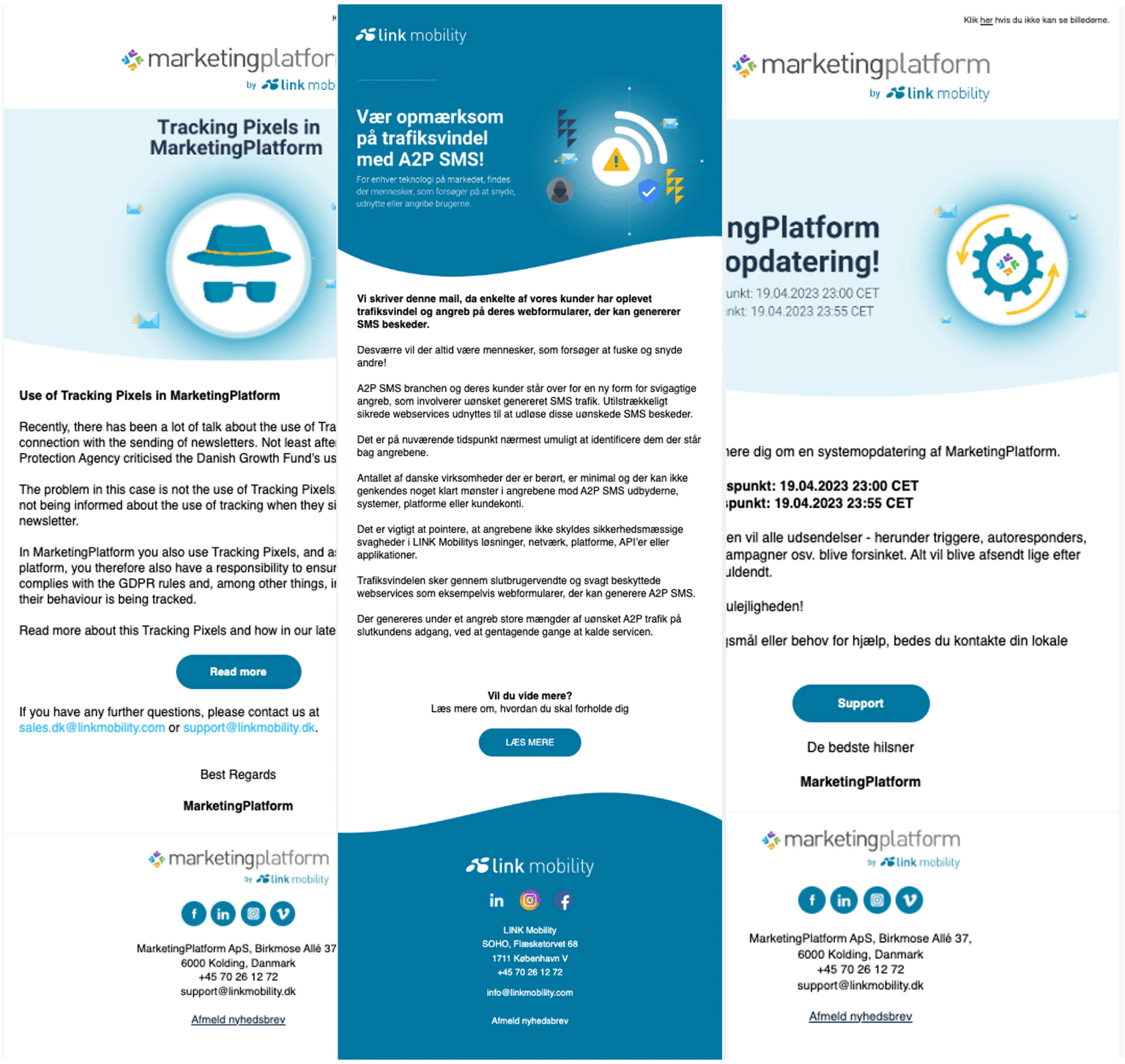 Examples of emails send from MarketingPlatform to push Information to Customers.