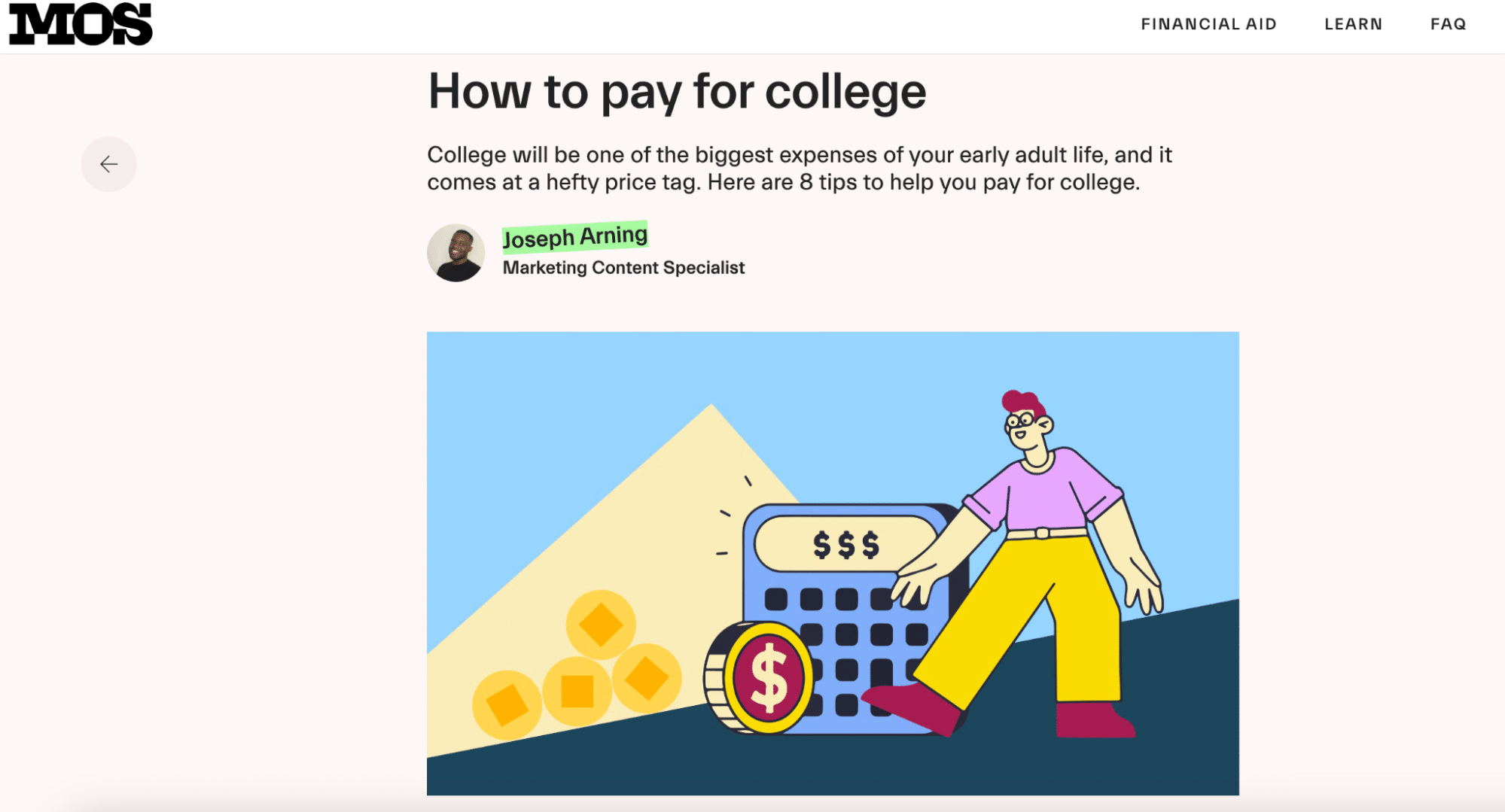 A screenshot of the MOS article named "How to pay for college".