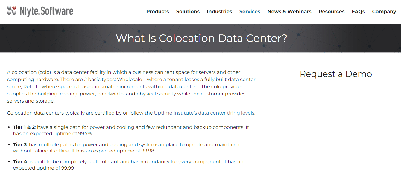 A screenshot of the Nlyte Software's article named "What is a colocation data center".