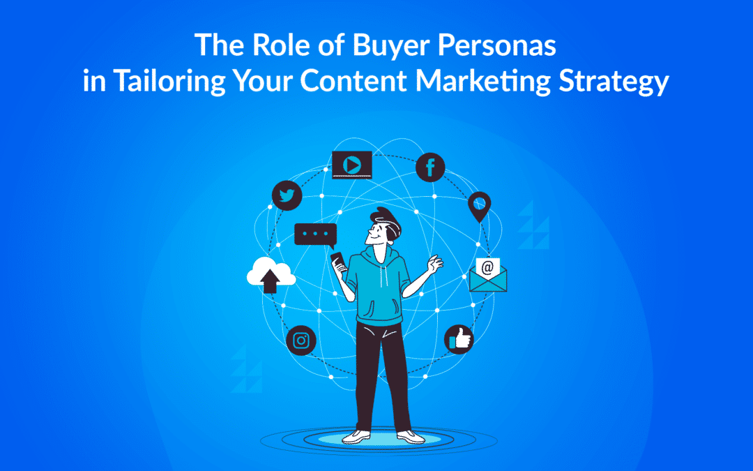 An individual surrounded by icons of various social media and digital platforms, symbolizing the concept of personalized content marketing strategies for different buyer personas.