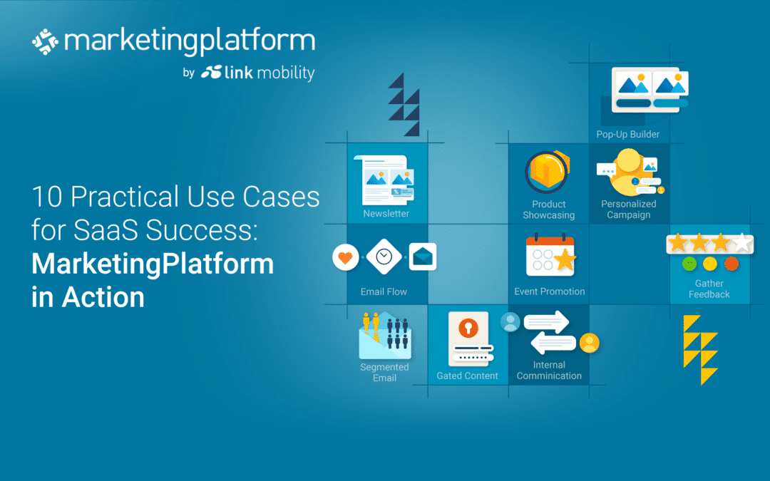 The logo of MarketingPlatform and next to it different icons representing the many use cases of MarketingPlatform.