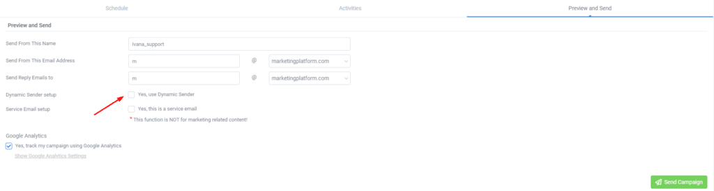 A screenshot from the interface of MarketingPlatform picturing the instructions for using Dynamic Sender.