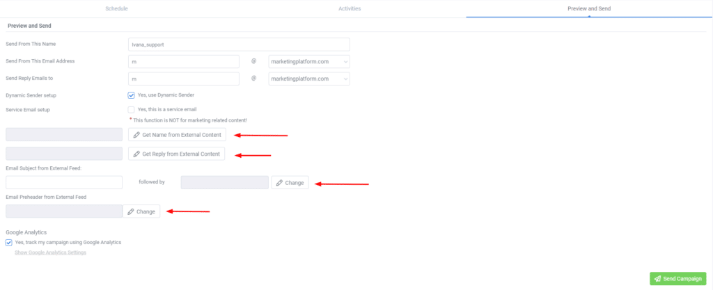 A screenshot from the interface of MarketingPlatform picturing the instructions for using Dynamic Sender.