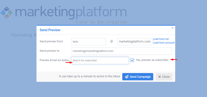 A screenshot from the interface of MarketingPlatform picturing the instructions for sending a campaign newsletter.