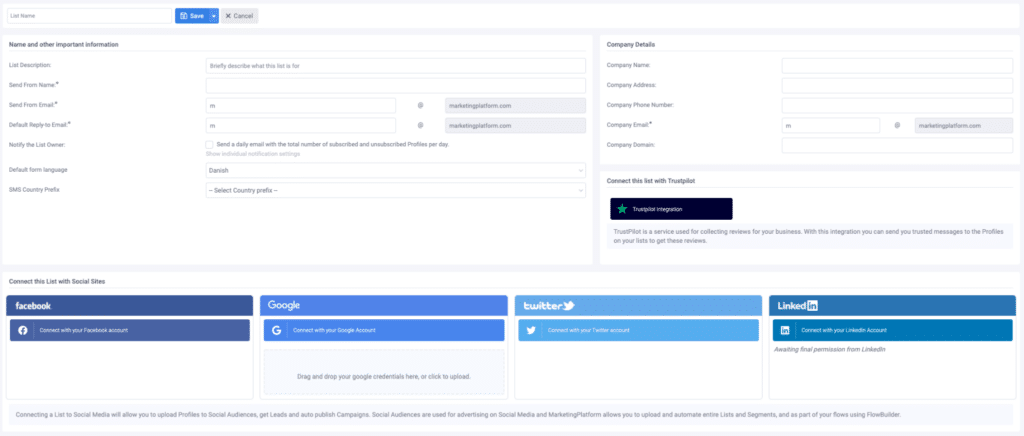 A screenshot from the interface of MarketingPlatform picturing the instructions for creatin a list.