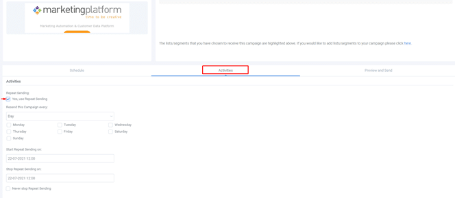 A screenshot from the interface of MarketingPlatform picturing the instructions for sending a campaign newsletter.