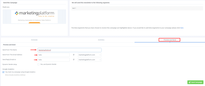 A screenshot from the interface of MarketingPlatform picturing the instructions for sending a campaign newsletter.