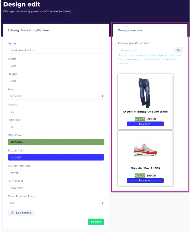 A screenshot from the interface of Hello Retail, picturing the instructions to integrate Hello Retail with MarketingPlatform.