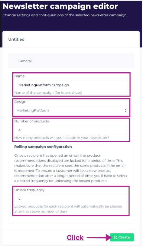 A screenshot from the interface of Hello Retail, picturing the instructions to integrate Hello Retail with MarketingPlatform.