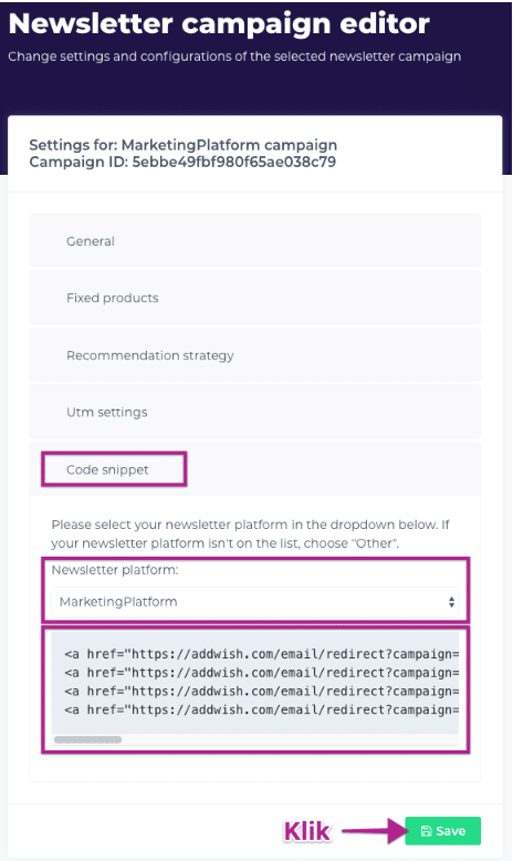 A screenshot from the interface of Hello Retail, picturing the instructions to integrate Hello Retail with MarketingPlatform.