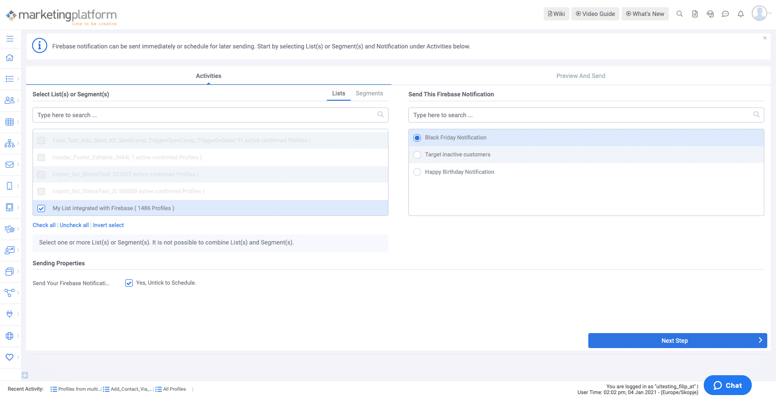 A screenshot from the interface of MarketingPlatform, picturing the instructions to integrate Firebase with MarketingPlatform.