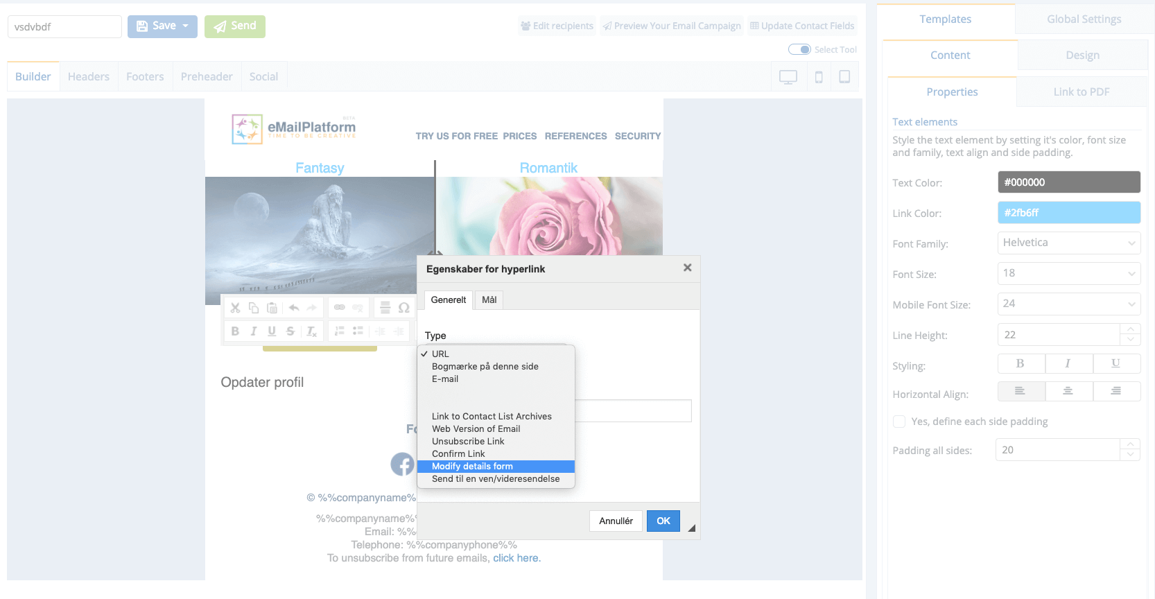 A screenshot from the interface of MarketingPlatform, picturing the instructions to use Modify Details Form and Update your profile.
