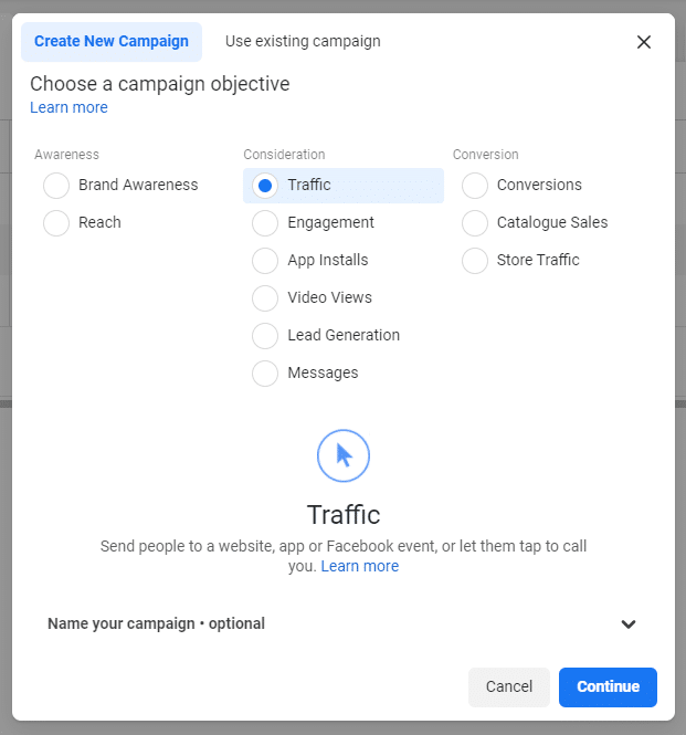 The Facebook interface for choosing a goal when creating an ad.