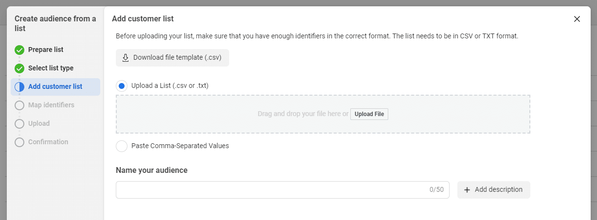 The Facebook interface of step d. describing how to create a custom audience with newsletter recipients.