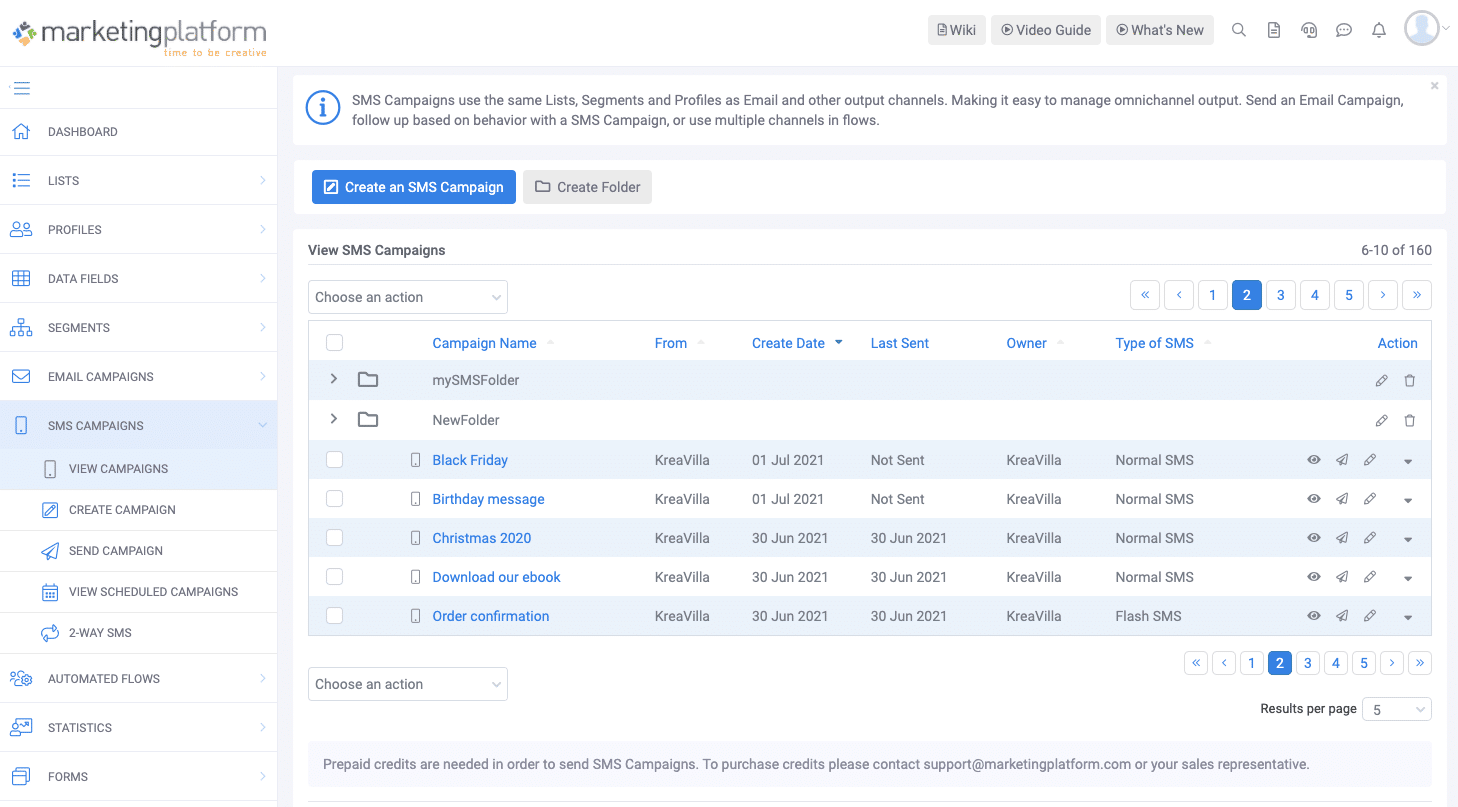 A screenshot from the interface of MarketingPlatform, picturing the instructions to Create and Send SMS Campaigns.