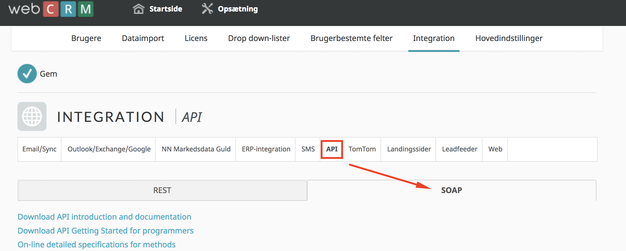 A screenshot from the interface of webCRM, picturing the instructions to integrate webCRM with MarketingPlatform.